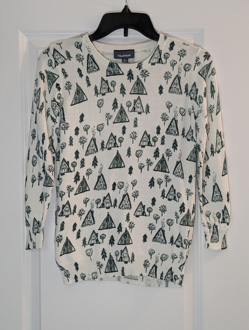 ModCloth Black and White Log Cabin and Trees Graphic Sweater, Size S